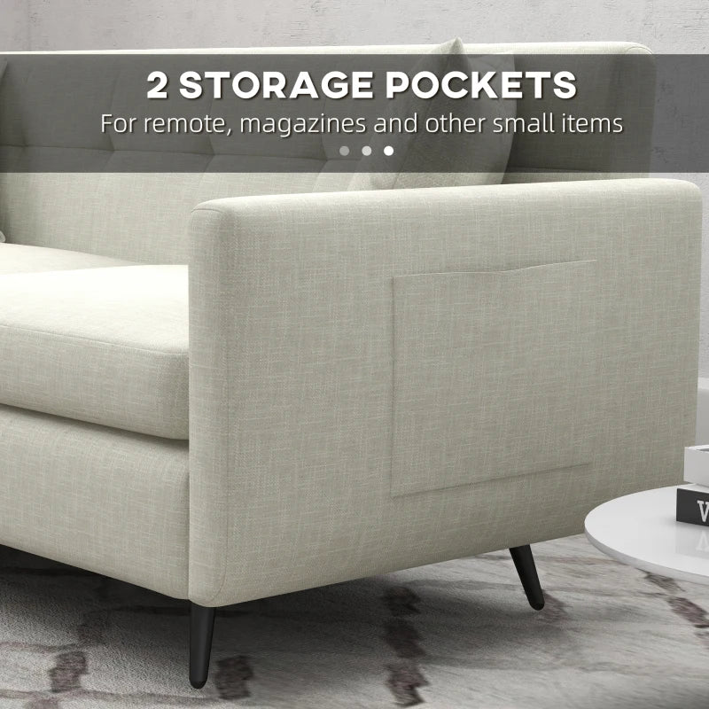Modern 165cm 3-Seater Sofa for Living Room, Tufted Fabric Couch with Steel Legs and Storage Pockets, Beige
