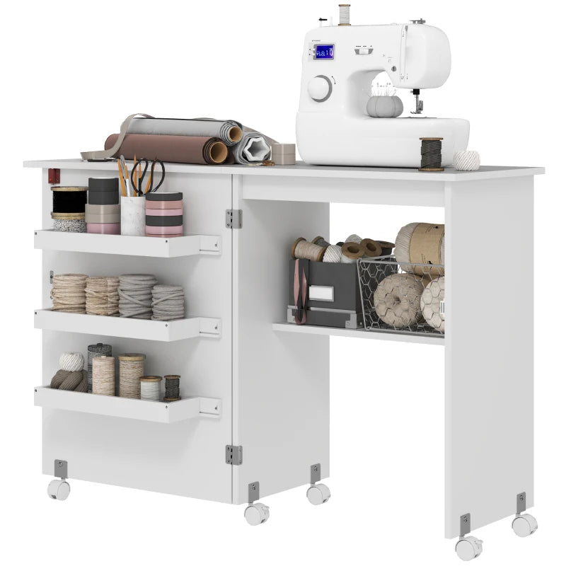 Folding Sewing Table with Drop Leaf & Storage Bins - Rolling Craft Table for Small Spaces, White Sewing Machine Cabinet
