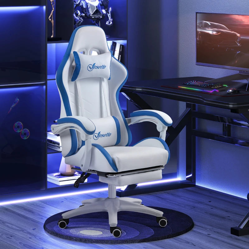 Vinsetto White and Blue Gaming Chair - PU Leather Office Desk Chair with Footrest, 135° Recline, Lumbar Support & Headrest
