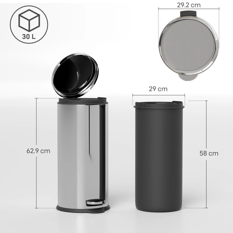 30L Stainless Steel Foot Pedal Bin with Lid - Modern Silver Metal Kitchen Garbage Rubbish Waste Container