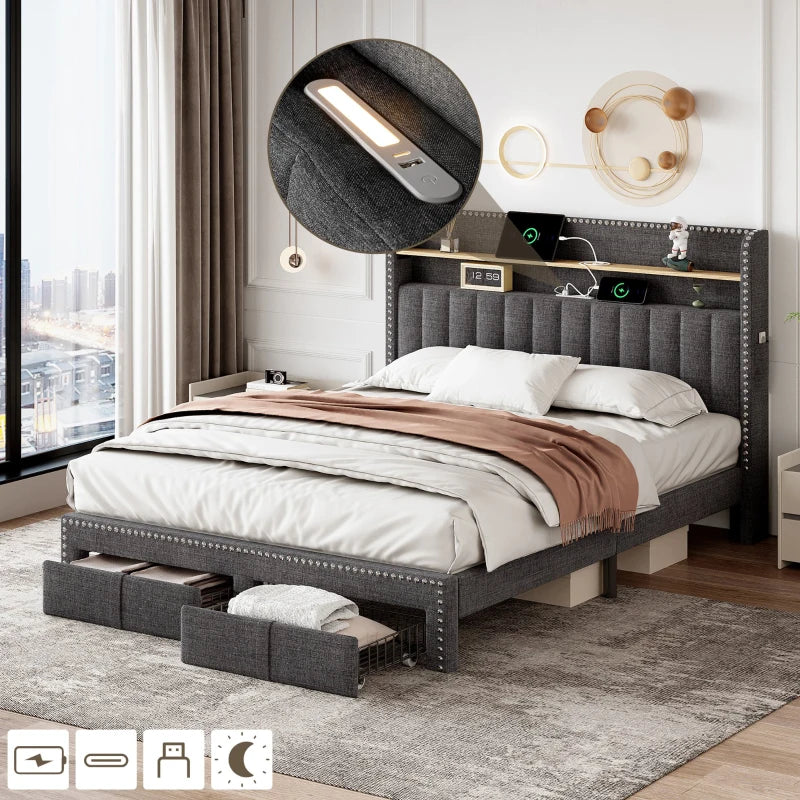 Double Upholstered Bed with Storage Drawers and Charging Ports in Grey Linen Frame