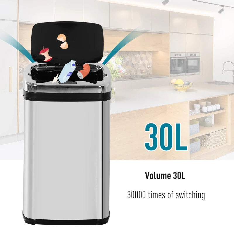 30L Stainless Steel Motion Sensor Trash Bin - Silver Tone, Touchless Design, Modern Kitchen Waste Container, Easy Clean, Odor Control