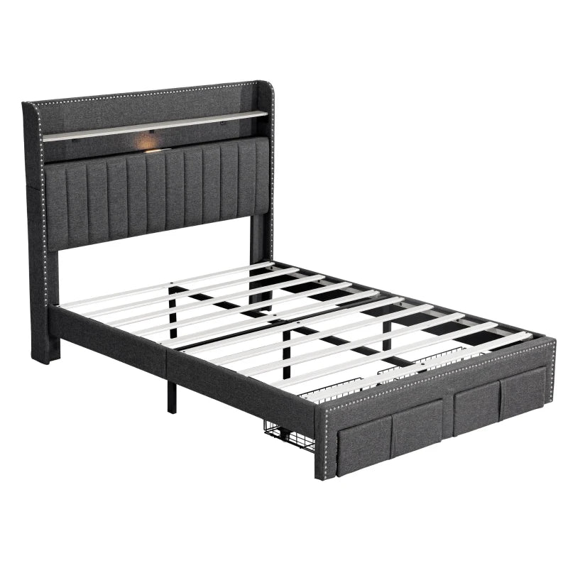 Double Upholstered Bed with Storage Drawers and Charging Ports in Grey Linen Frame