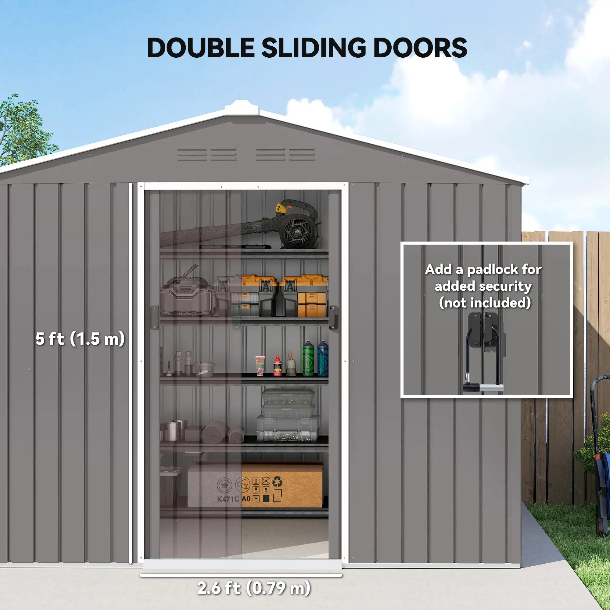 8 x 6ft Galvanised Steel Garden Shed with Lockable Double Sliding Doors – Large Outdoor Metal Storage, Ventilated, Weather & Rust Resistant, Light Grey