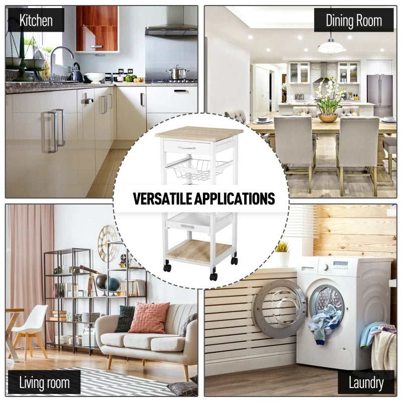 Compact Mobile Rolling Kitchen Island Trolley with Metal Baskets & Shelves - Stylish White Storage Solution on Wheels