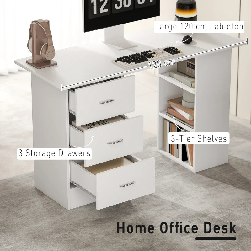 Modern White Computer Desk with 3 Storage Shelves & Drawers, Stylish Writing Table for Home Office, Silver Handle