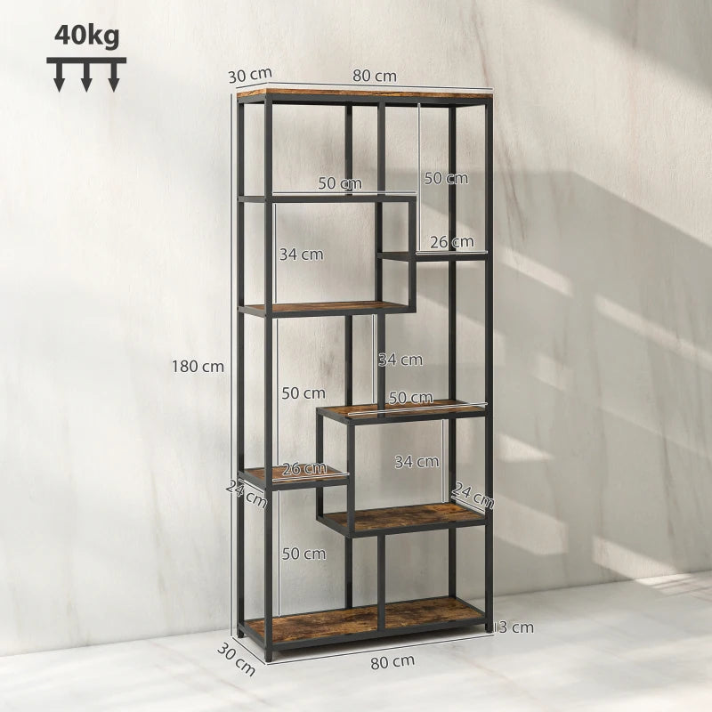 Unique Seven-Tier Geometric Bookcase in Brown and Black - Stylish Storage Solution for Home or Office