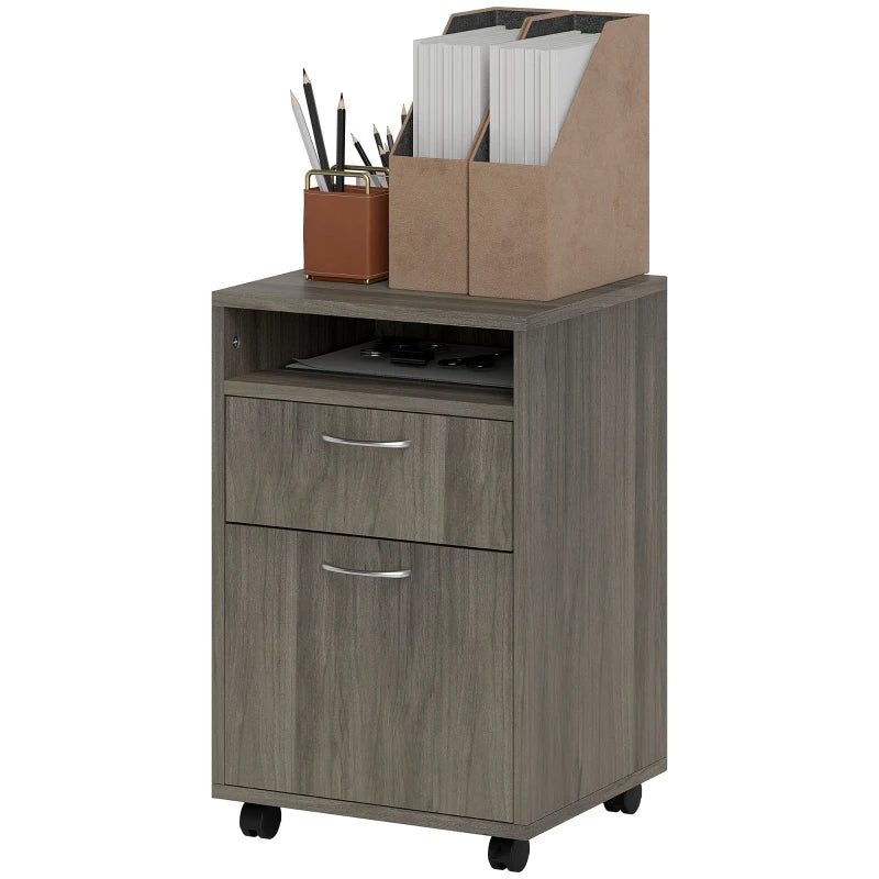 60cm Mobile Filing Cabinet with Drawer & Open Shelf, Grey Office Organizer on Wheels, Ideal for Home & Printer Storage