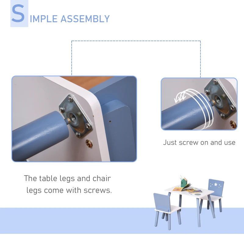 3 Pcs Kids Table & Chairs Set - Safe Corners, Wood Legs, Cute Stars - Mini Furniture for Playroom & Bedroom - Blue