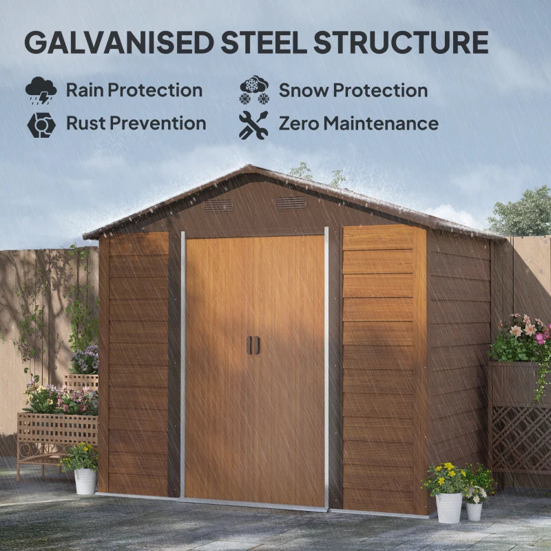 8ft x 6ft Garden Storage Shed with Sliding Door - Durable Brown Wood Effect Outdoor Storage