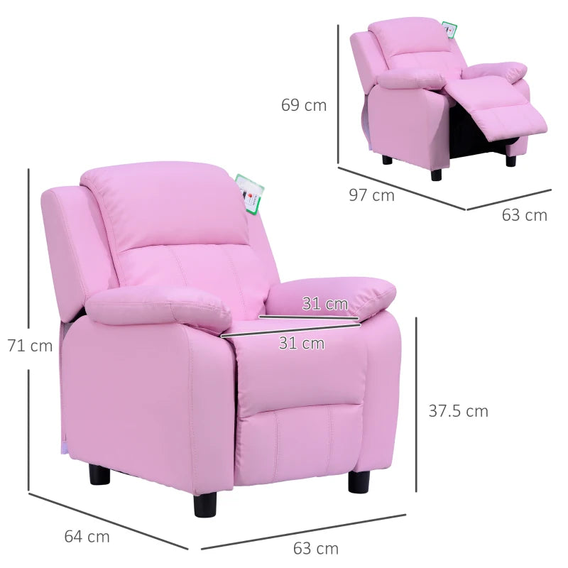 Kids Pink Sofa Armchair Recliner - PU Leather Toddler Lounger with Storage for Games & Playtime