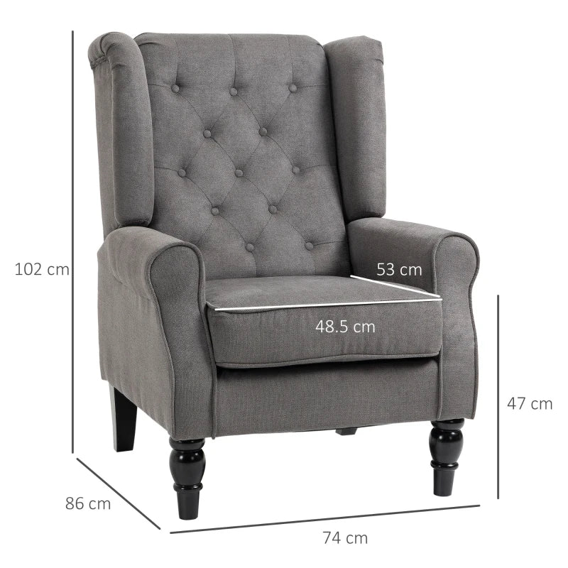 Stylish Retro Linen Wingback Armchair with Button Tufting and Wooden Frame for Living Room or Bedroom, Dark Grey