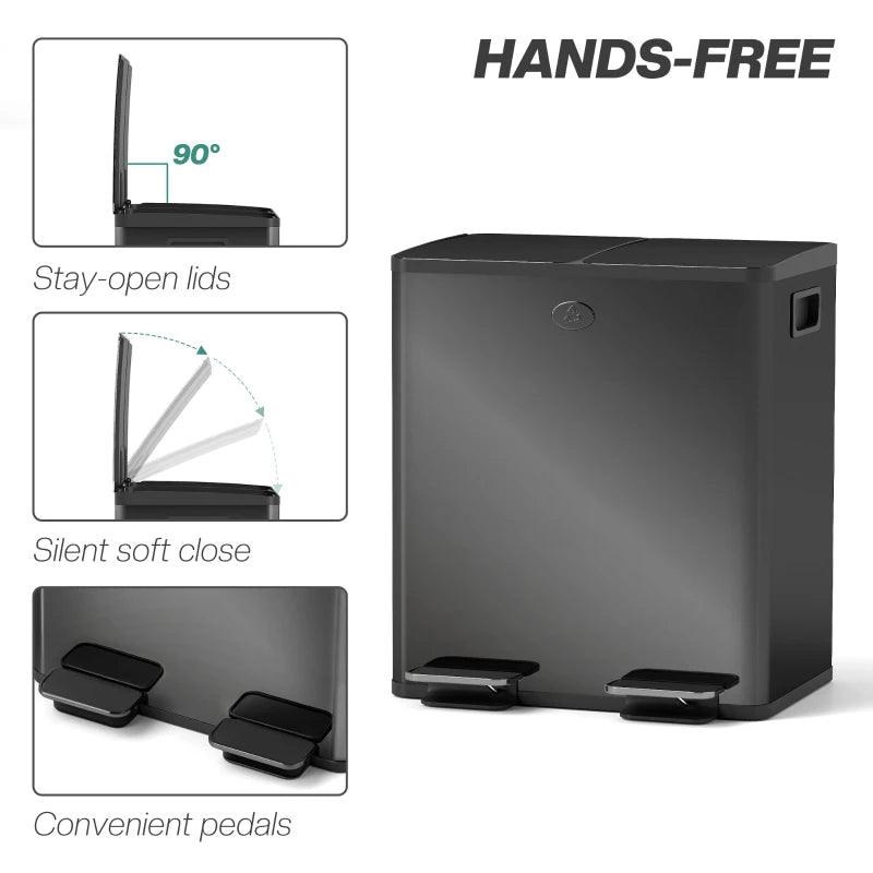 40L Dual Compartment Stainless Steel Bin with Deodoriser Holders - Glossy Black Trash Can for Kitchen & Home