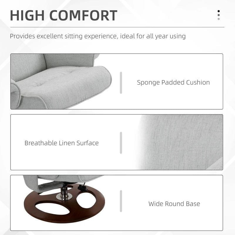 Modern Grey Recliner Chair and Ottoman Set with 360° Swivel, Soft Padding and Wooden Base