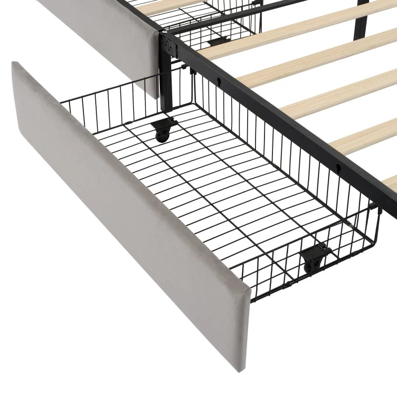 Velvet Upholstered Double Bed with Storage & LED Lights - Soft Backrest, 4 Drawers, Gray - 198x140x98 cm