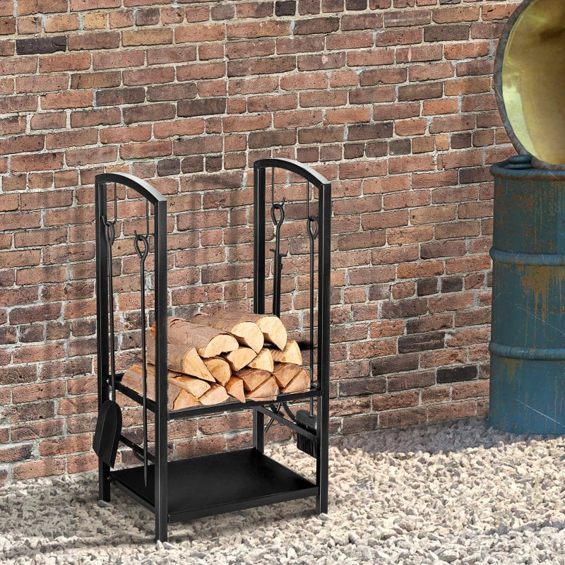 Metal Firewood Log Holder Rack - 2 Layer Indoor Outdoor Fireplace Wood Storage with Tools & Hooks, Black, 40L x 30W x 74.5H cm