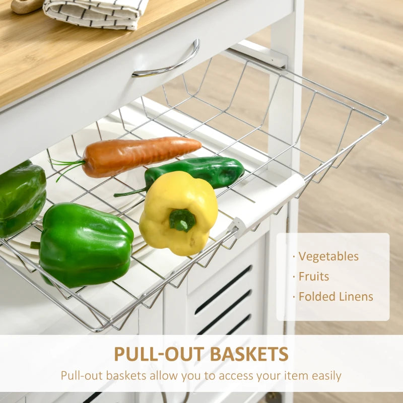 Rolling Kitchen Island Trolley Cart with Bamboo Top, Storage Cabinet, Drawer & Wire Basket - Mobile Utility Cart on Wheels