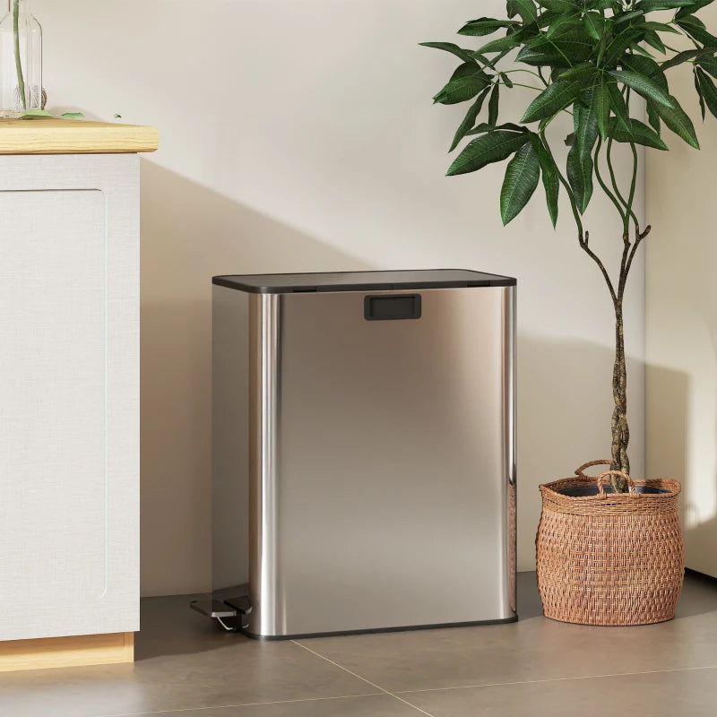 Dual Kitchen Bin with Soft-Close Butterfly Lid - 2x28L Stainless Steel Pedal Bin, Fingerprint-Proof for Recycling & Waste, Silver