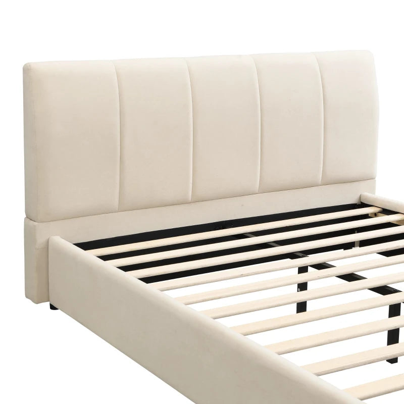 4ft6 Upholstered Double Bed - Velvet Frame with Soft Headboard & Sturdy Slats for Adults & Teens, White, 213x152x89 cm