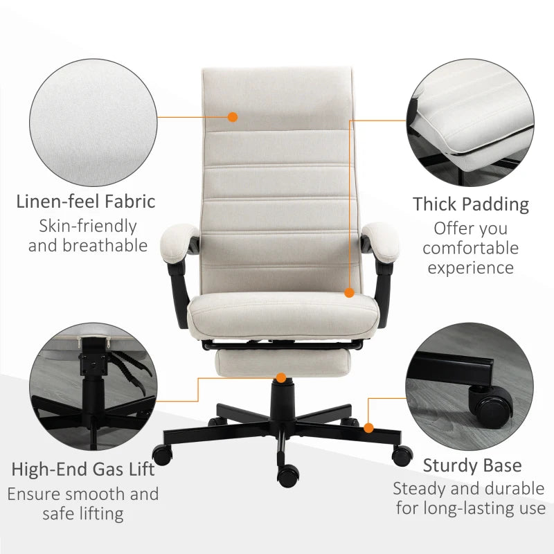 Vinsetto Cream White Office Chair - Adjustable Height Fabric Swivel Desk Chair with Rolling Wheels for Home Office & Study