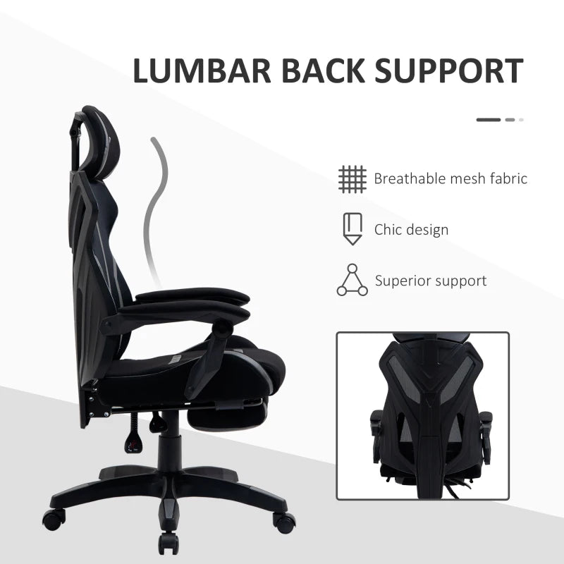 Vinsetto Ergonomic Mesh Office Chair with Footrest & Lumbar Support - Adjustable Height, Swivel Wheels, Black Grey