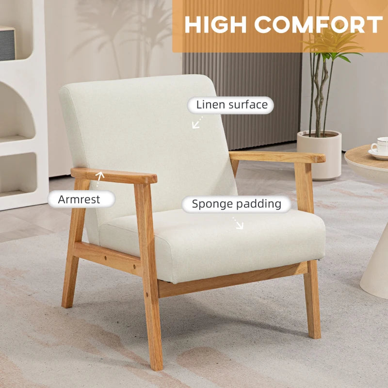 Stylish Cream White Fabric Accent Chair with Rubber Wood Frame and Comfortable Padded Cushion for Living Room