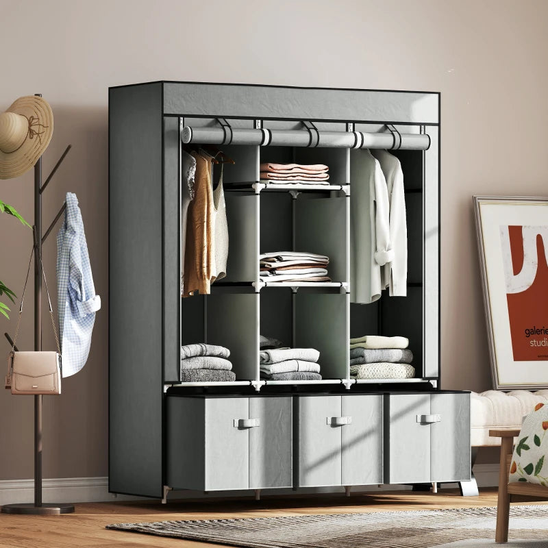 Portable Fabric Wardrobe with Shelves and Hanging Rails for Bedroom Storage Light Grey