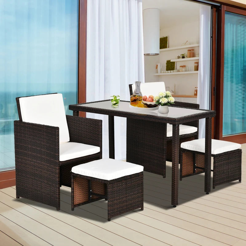 5-Piece Brown Rattan Garden Furniture Set with Dining Table and Cushioned Chairs