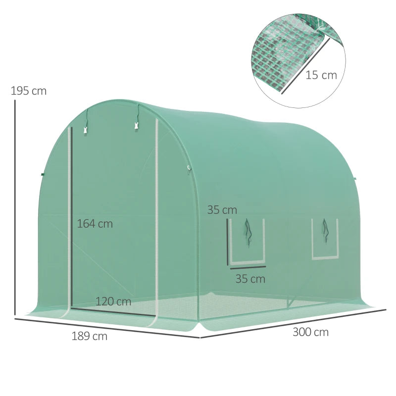 Green Walk-in Polytunnel Greenhouse - 3x2x2m - Galvanised Steel Frame