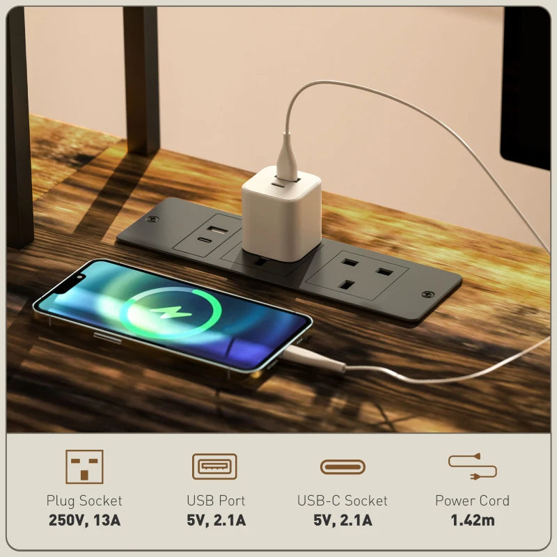 240cm Reversible L Shaped Desk with Power Outlet & Storage Shelves - Industrial Corner Computer Desk for 2 Person, Rustic Brown