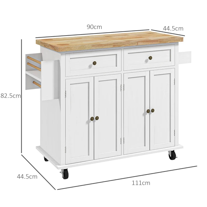 Rolling Kitchen Island Storage Trolley with Rubber Wood Top & Drawers - White Dining Room Cart for Easy Organization