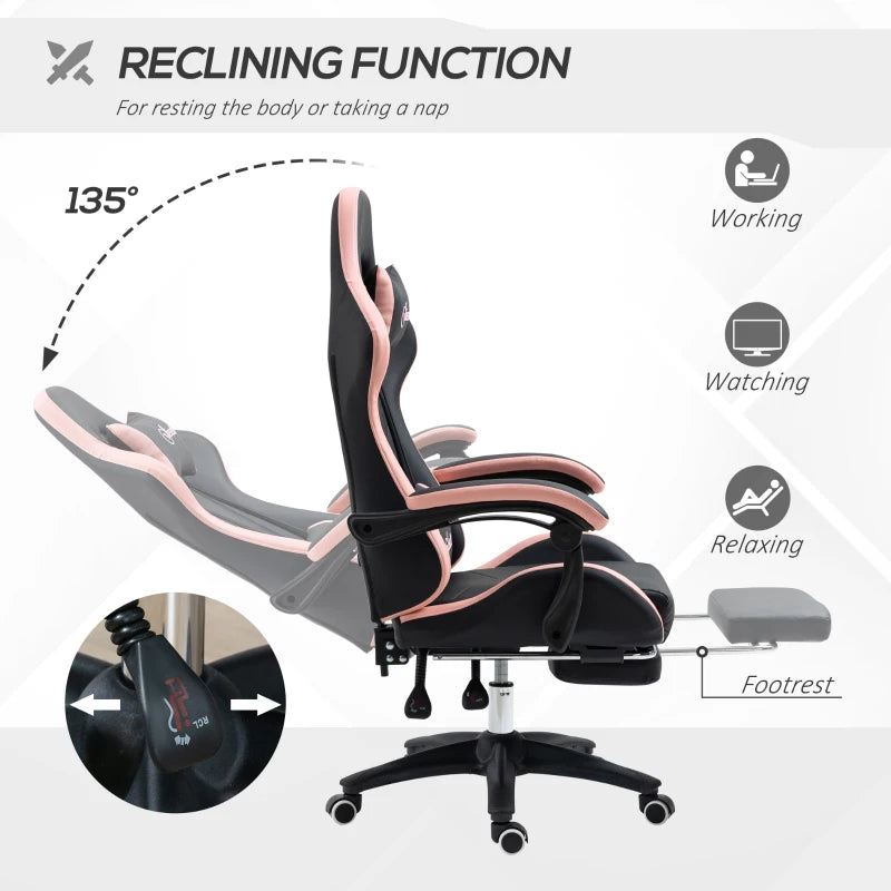 Vinsetto Gaming Chair with Footrest - PU Leather Office Desk Chair, 135° Recline, Lumbar Support, Headrest, Black & Pink