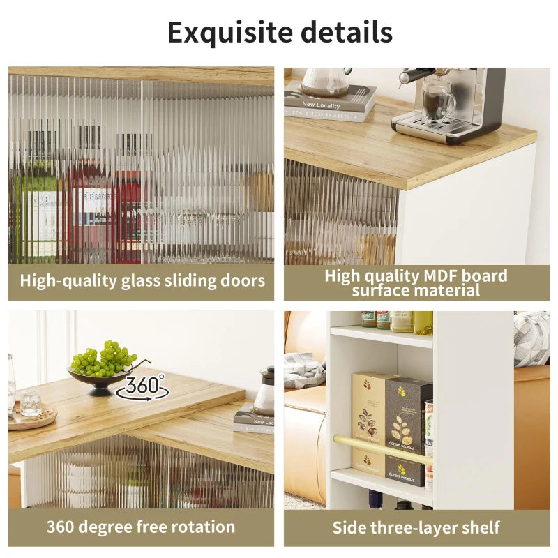 Multifunctional Bar Cabinet with Sliding Glass Doors & 360° Rotating Table - Stylish Storage for Dining Room, White, 90L x 120W x 100H cm