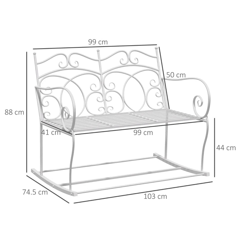 White Steel Rocking Loveseat Bench for Outdoor Gardens - 2 Seater