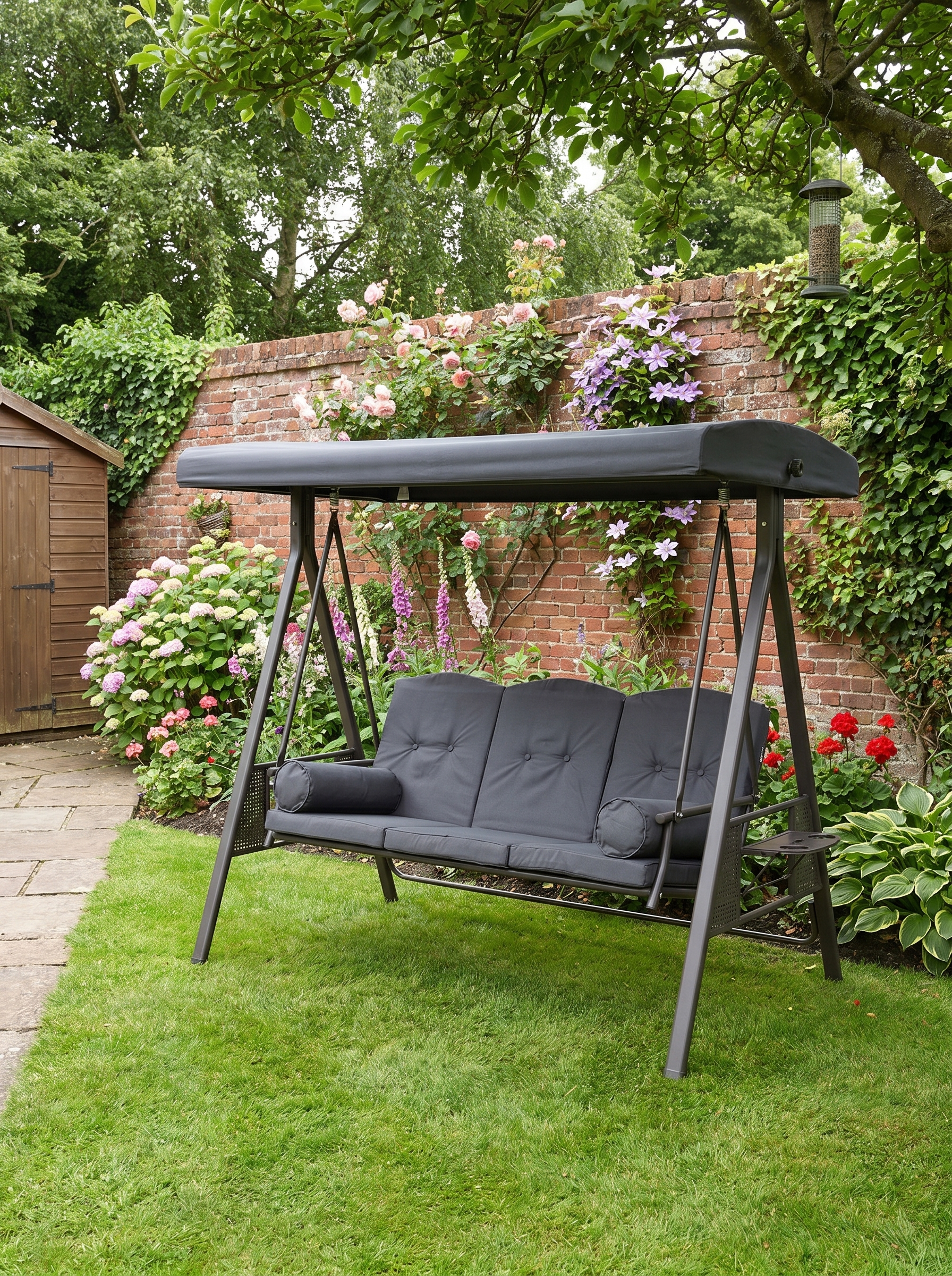 Dark Grey Fabric 3 Seater Garden Swing Chair