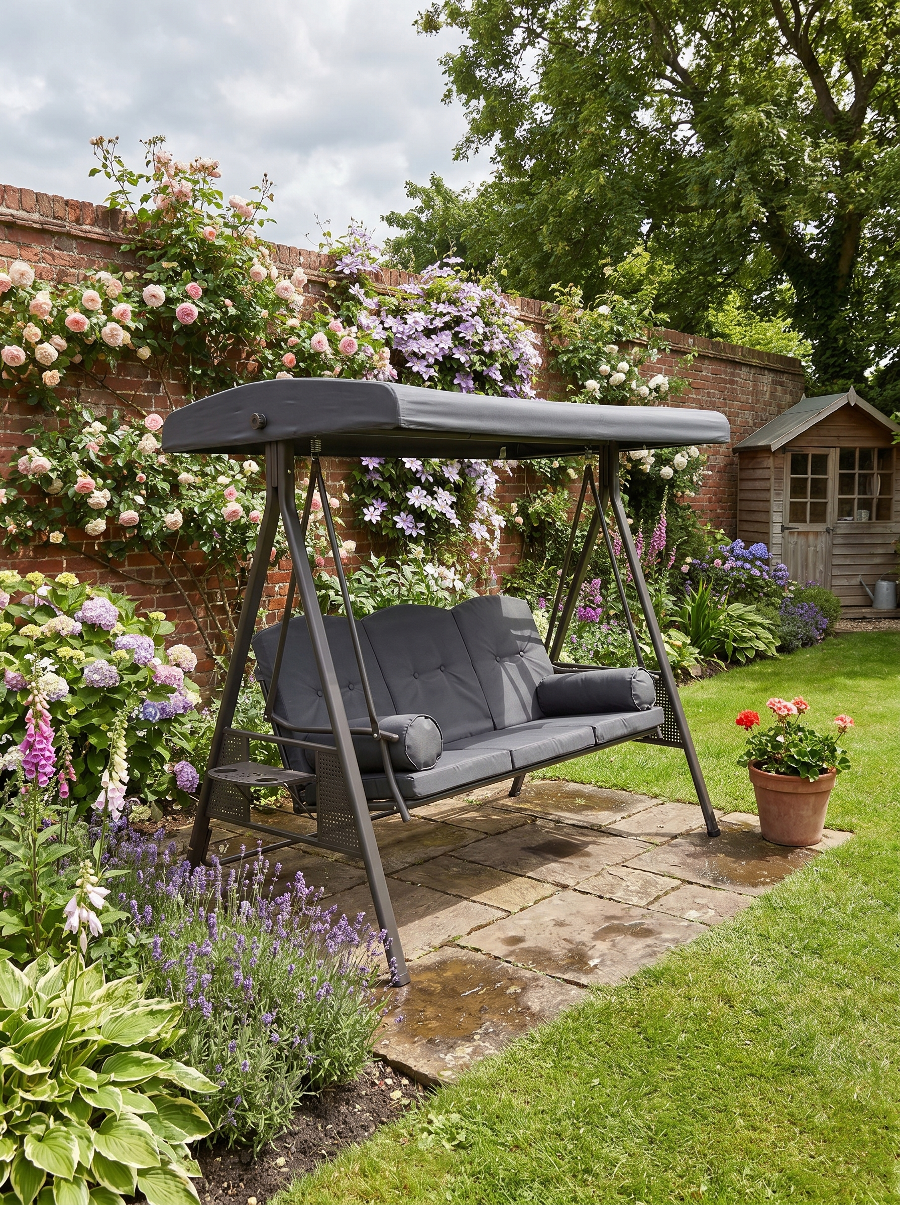 Dark Grey Fabric 3 Seater Garden Swing Chair