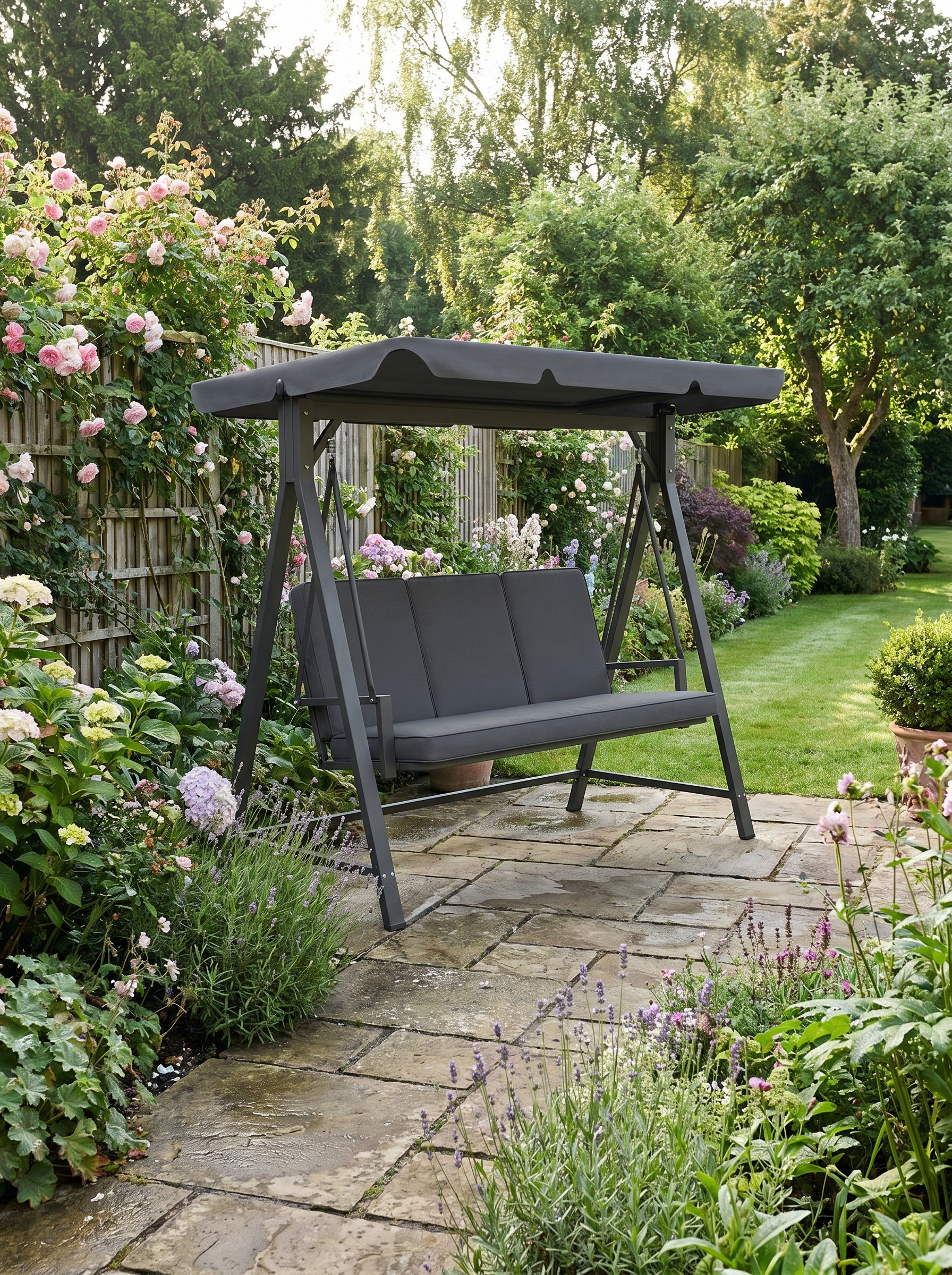 Dark Grey Three-Seater Garden Swing Bench with Adjustable Canopy for Outdoor Relaxation