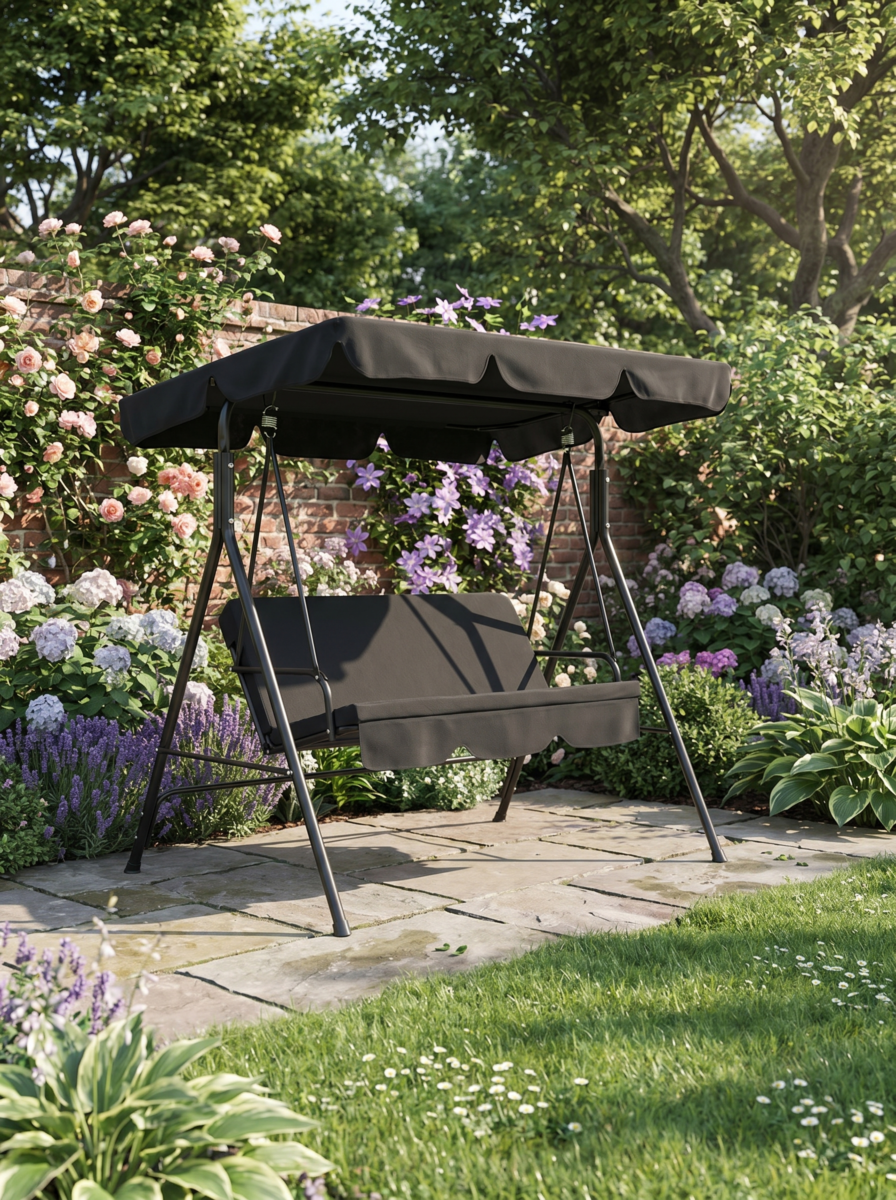 Black 3-Seater Garden Swing Chair with Adjustable Canopy