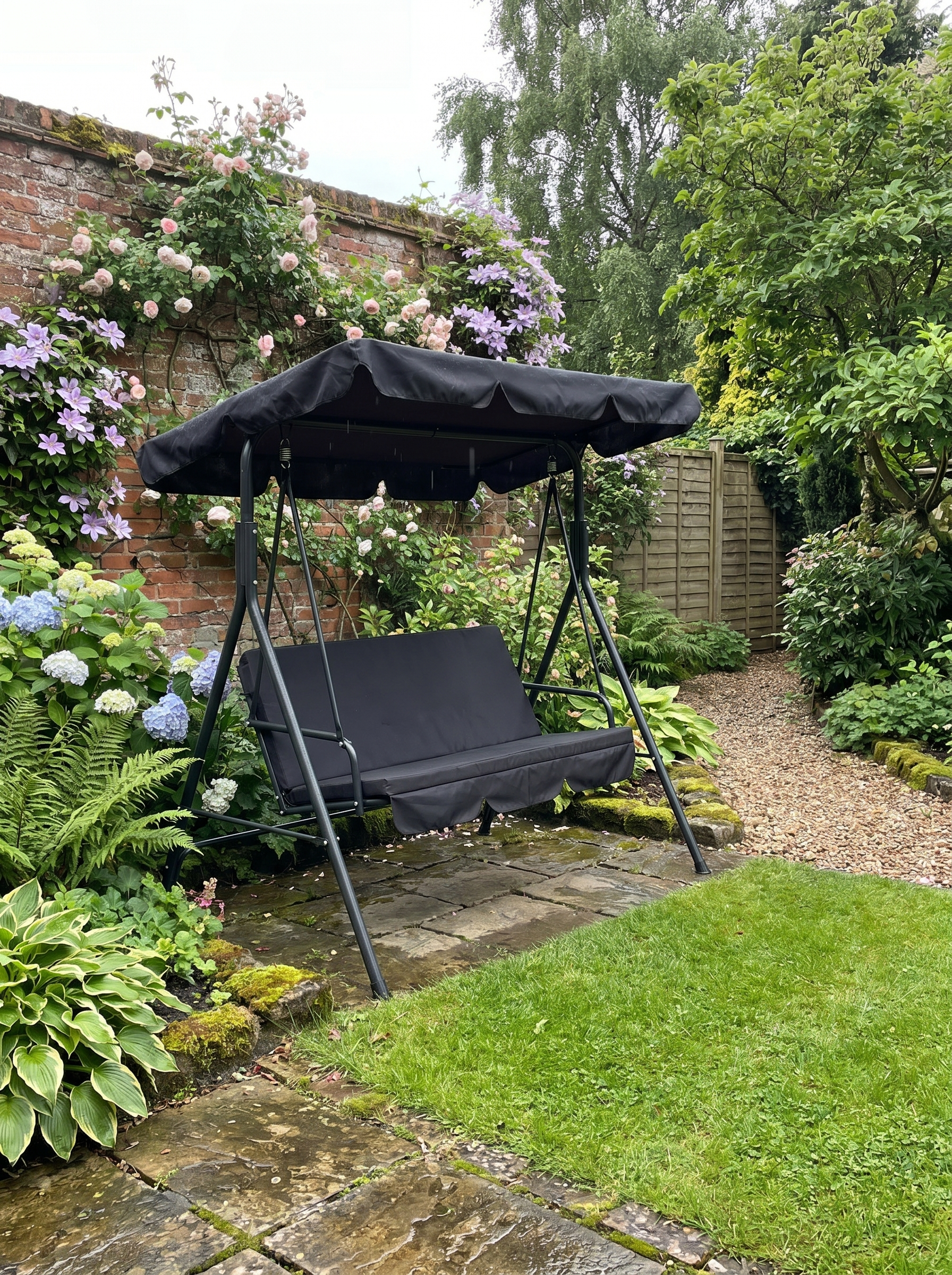 Black 3-Seater Garden Swing Chair with Adjustable Canopy