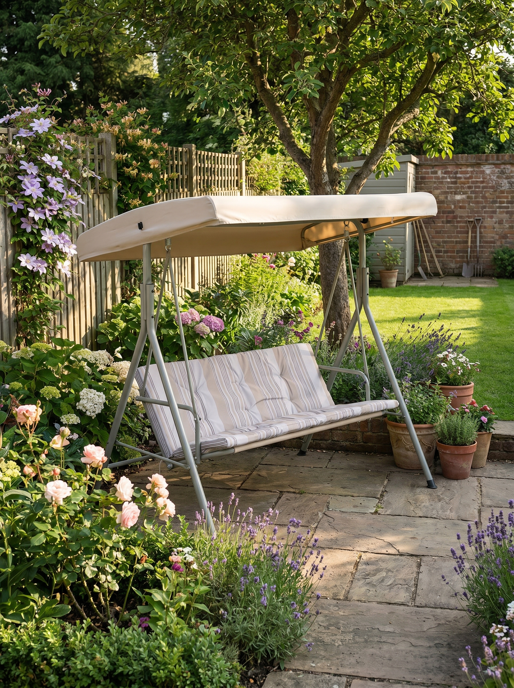 3 Seater Patio Swing Chair with Tilting Canopy, Light Brown