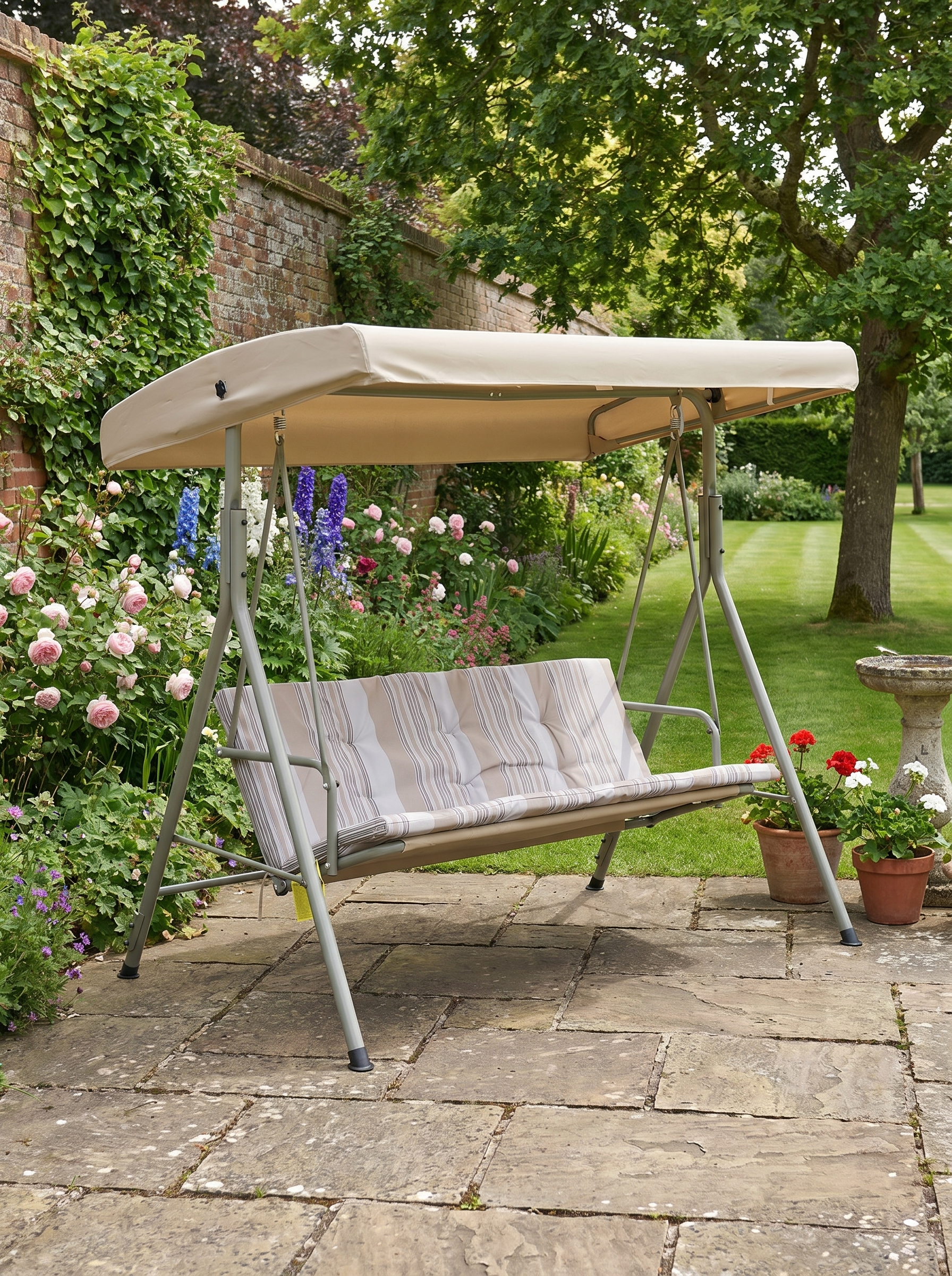 3 Seater Patio Swing Chair with Tilting Canopy, Light Brown