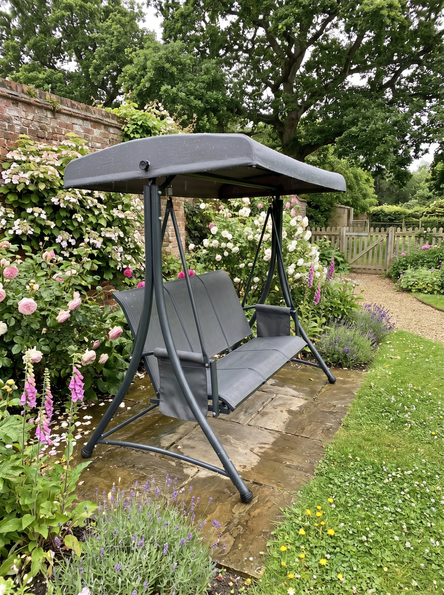 Charcoal Grey 3-Person Outdoor Swing Chair with High Back, Side Pouches, and Canopy