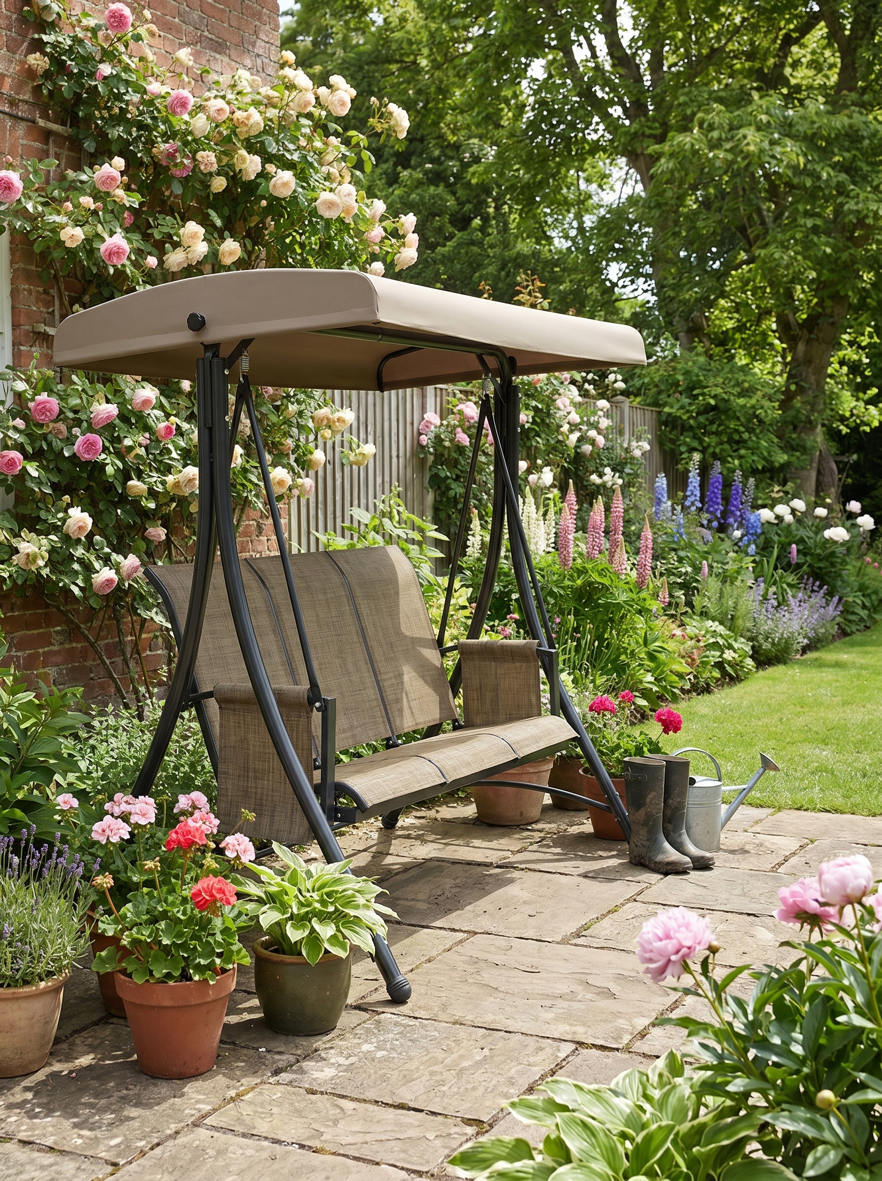 Brown 3-Seater Outdoor Swing Chair with High Back Design and Adjustable Canopy