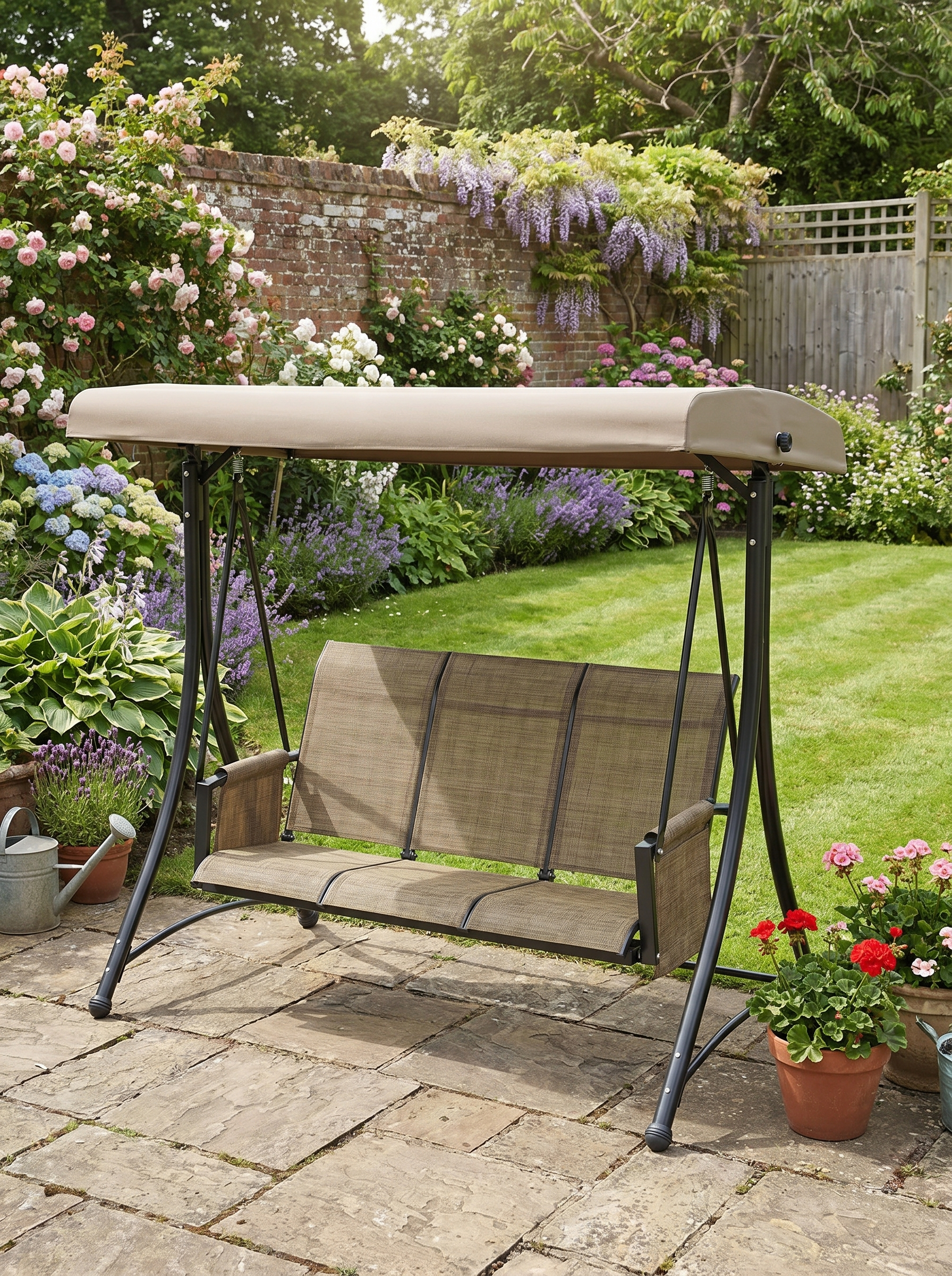 Brown 3-Seater Outdoor Swing Chair with High Back Design and Adjustable Canopy