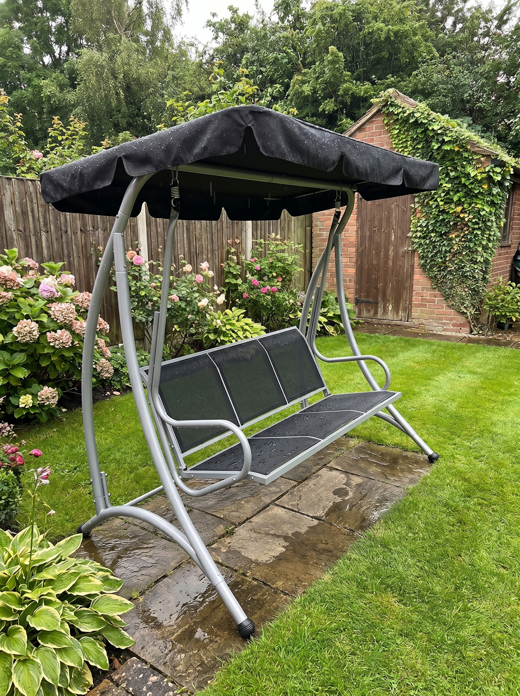 Black 3-Person Steel Outdoor Swing Bench with Canopy