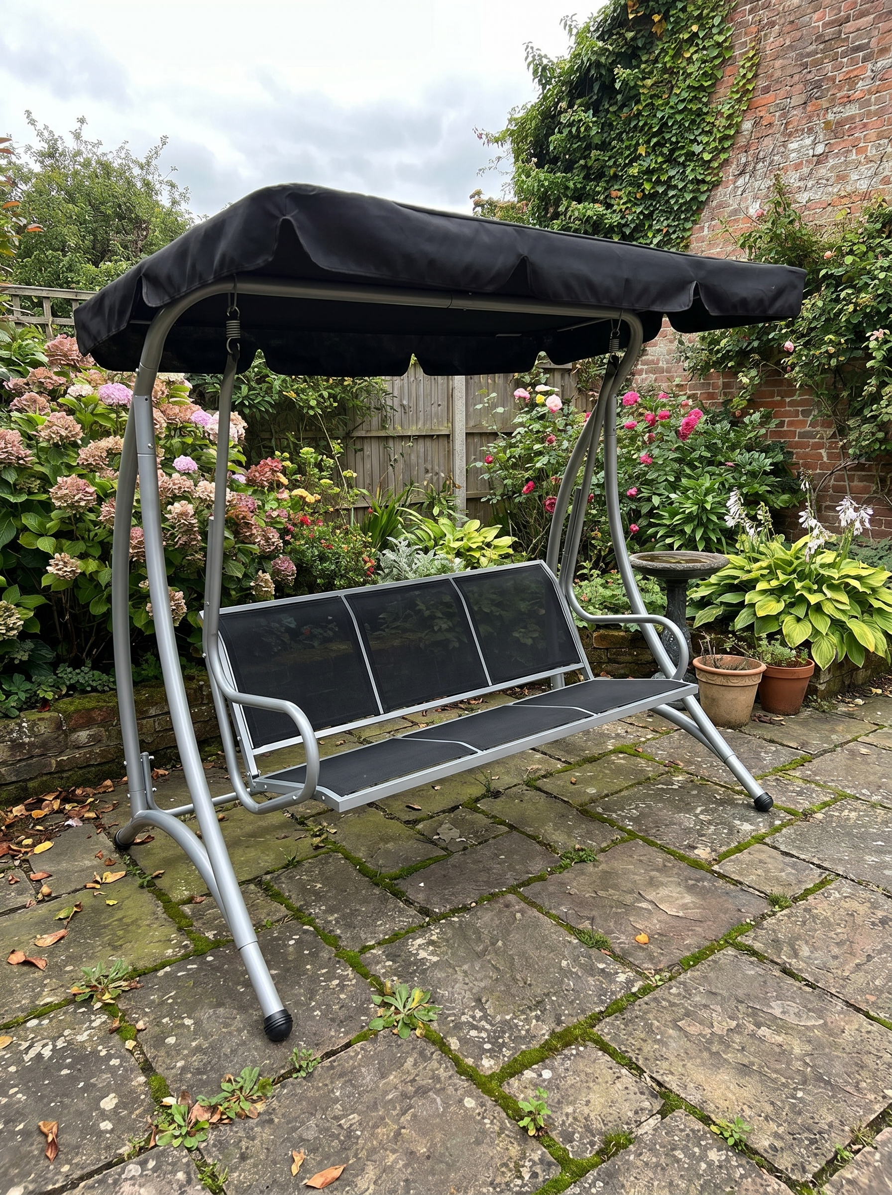 Black 3-Person Steel Outdoor Swing Bench with Canopy