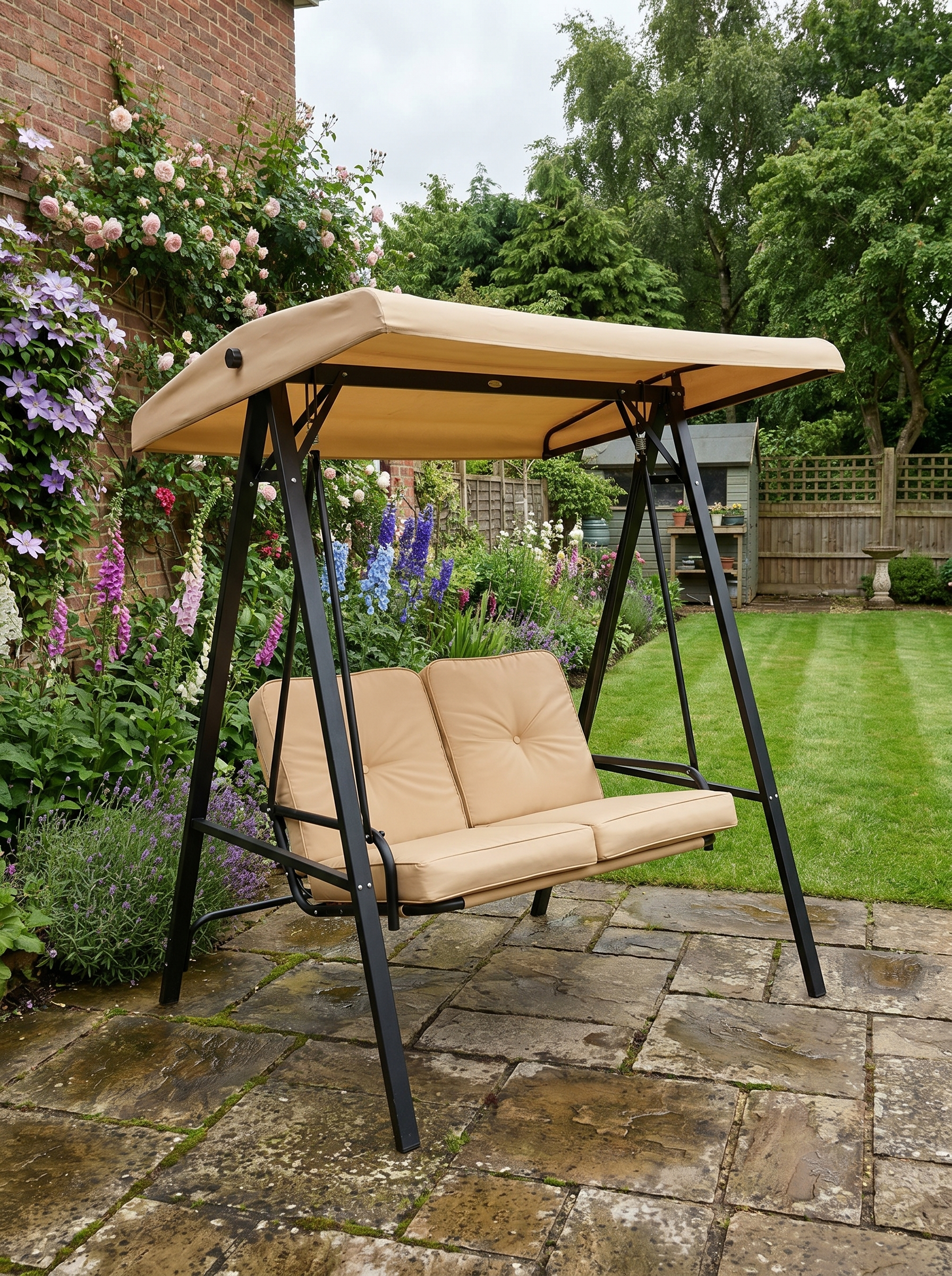 Beige 2-Seater Garden Swing Bench with Adjustable Canopy