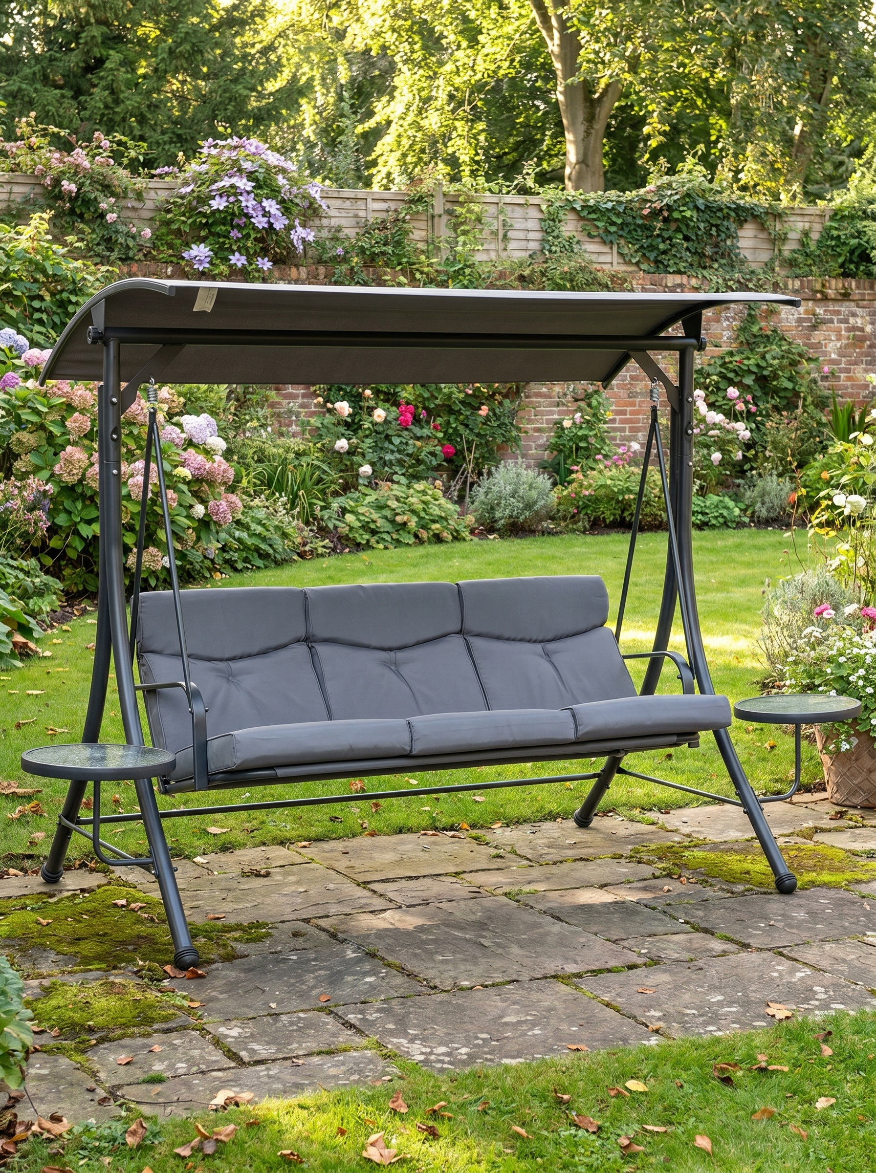 Grey 3-Seater Garden Swing Chair with Adjustable Canopy, Cushion, and Coffee Tables