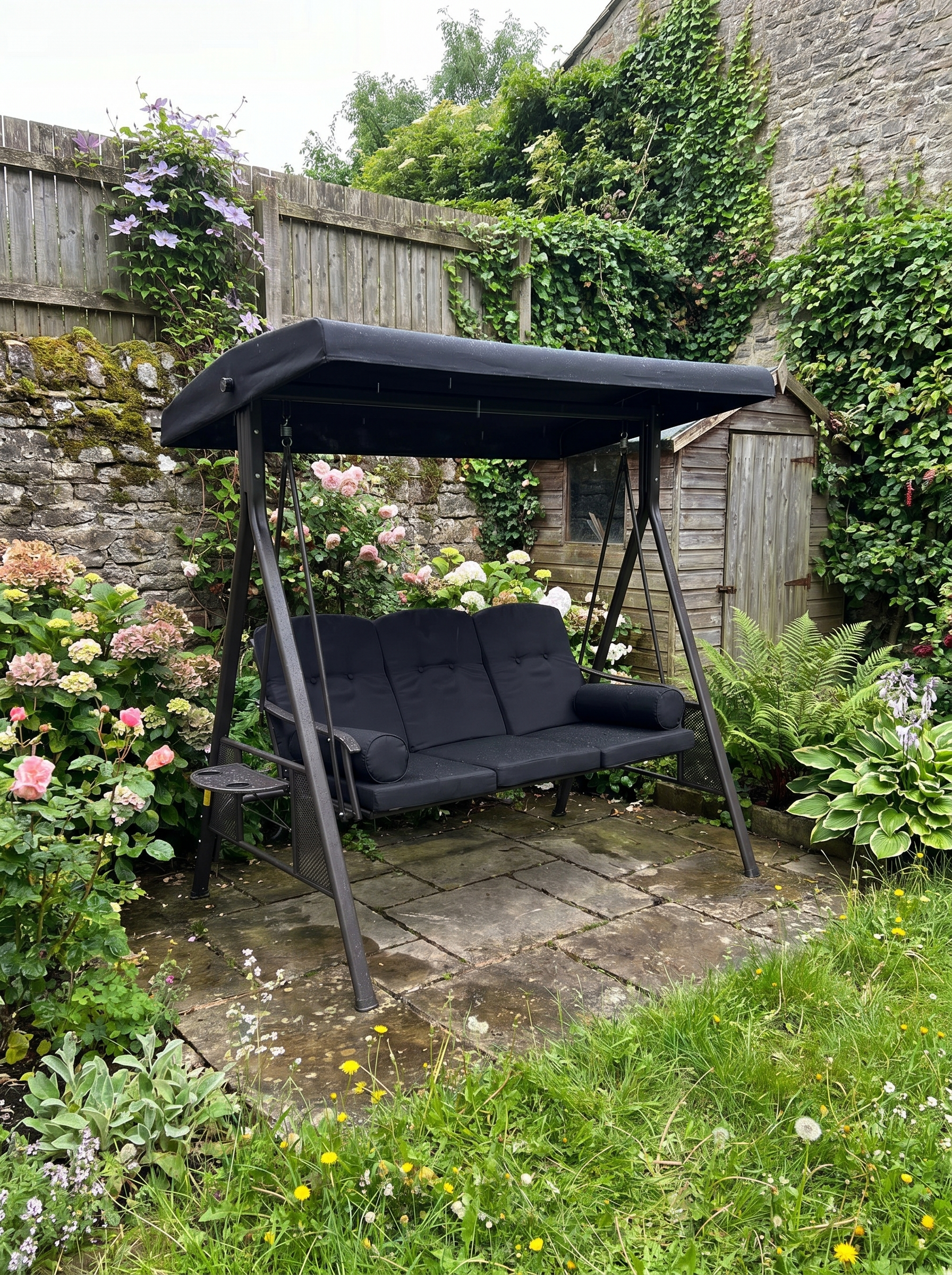 Black 3-Seater Swing Hammock Chair with Canopy and Cushion