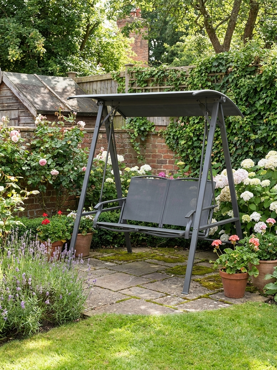 2 Seater Dark Grey Garden Swing Bench - Outdoor Canopy Swing Bench with Adjustable Shade, Metal Frame and Texteline Seat